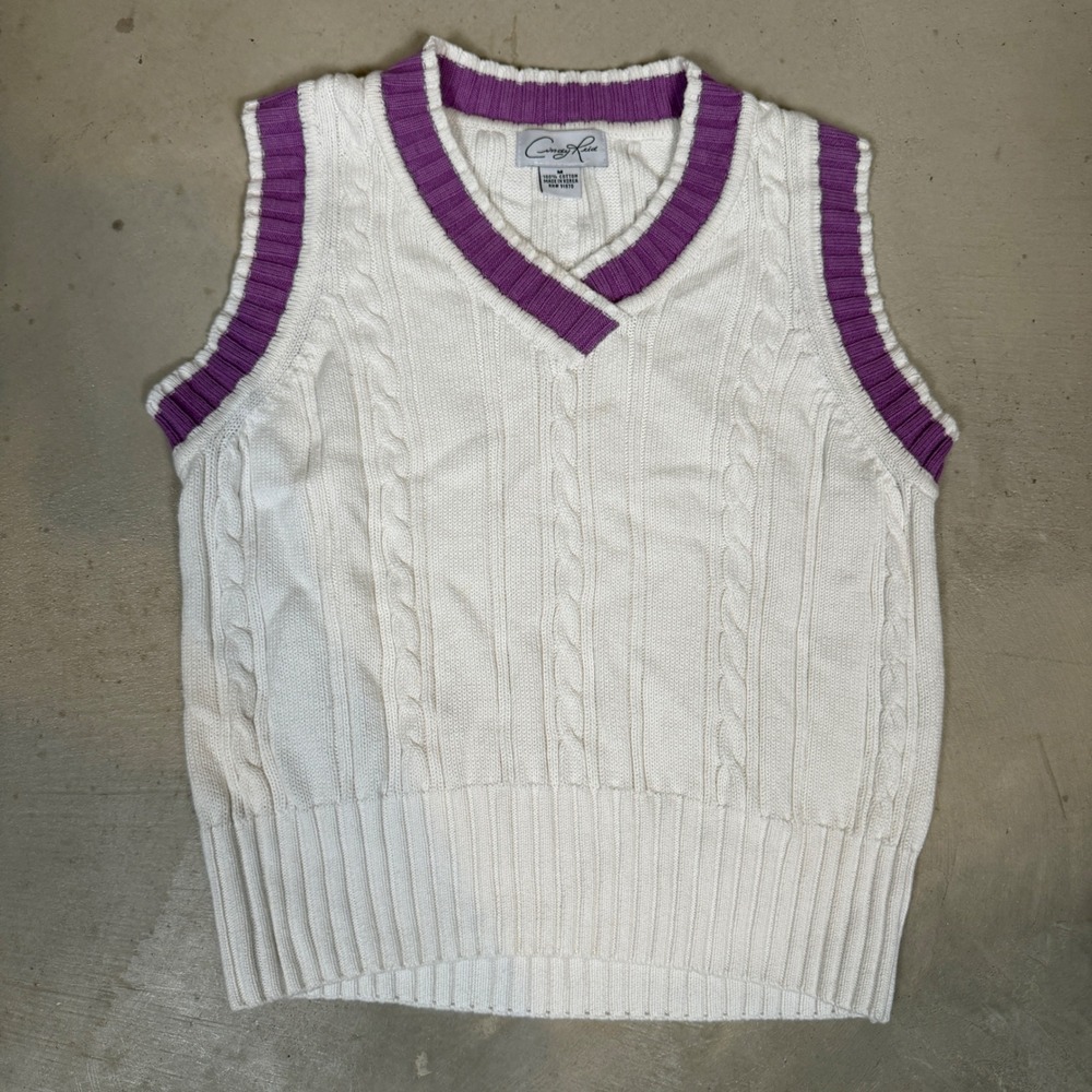 vintage Cindy Reid Womens Vintage Cable Knit Sweater Vest Cream Purple Cotton M